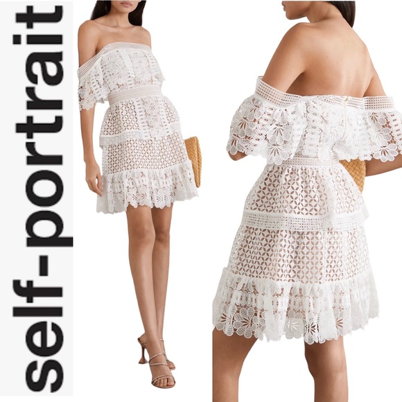 Self-Portrait Dresses & Skirts - SELF-PORTRAIT Off-the-shoulder guipure Lace Mini Dress 2 ivory